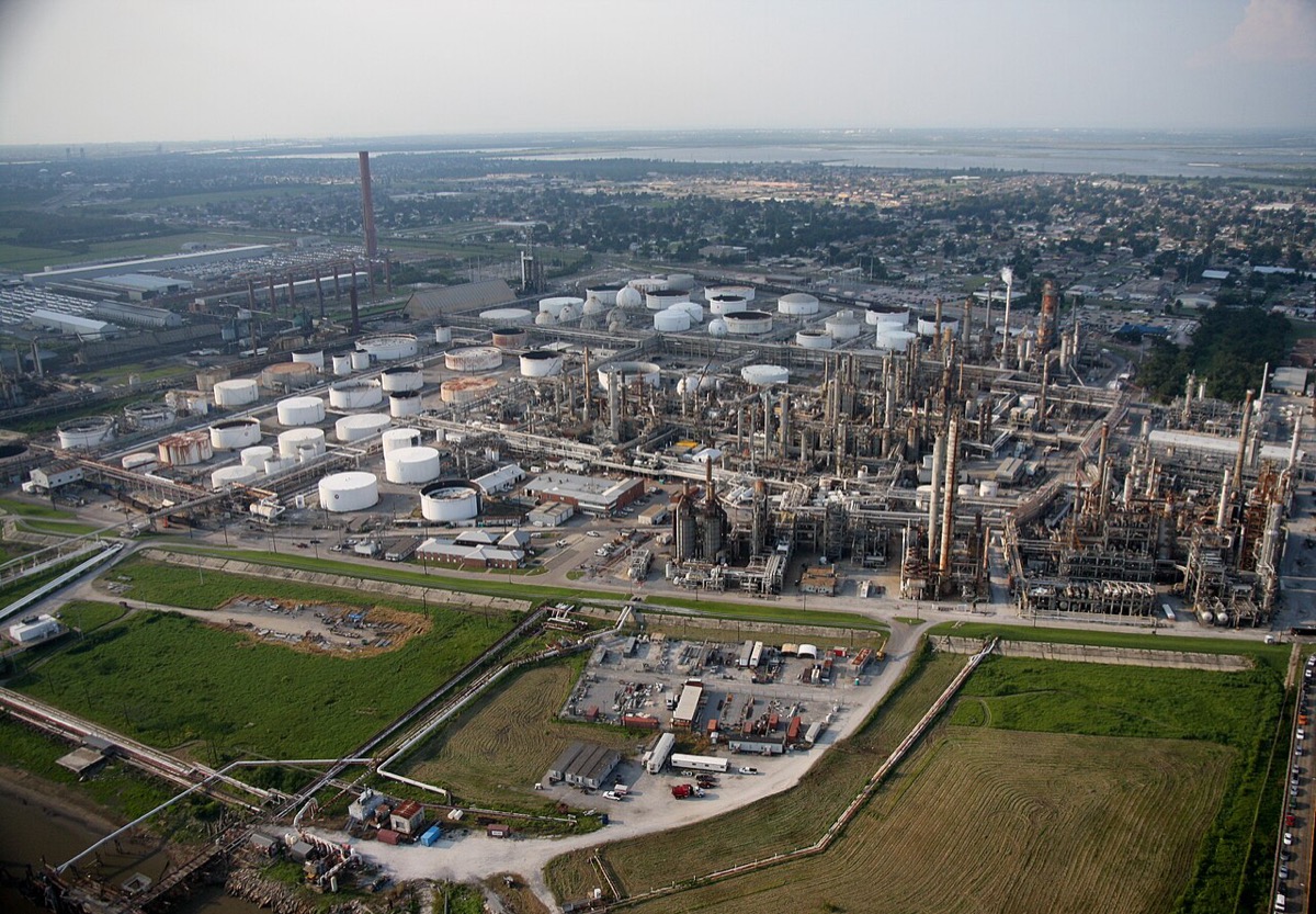 Aerial view of petrochemical complex representing the industrial chemical capacity displaced by PPE conversion in March-April 2020